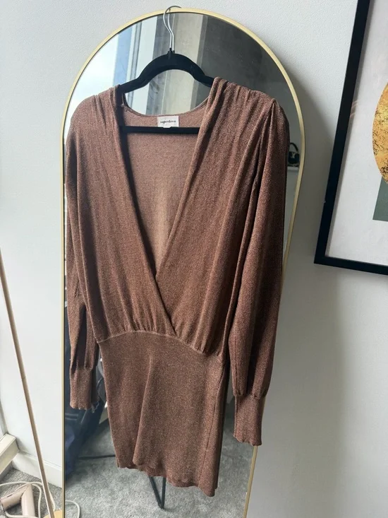 superdown Mocha Metallic Deep V Mini Dress - Picture 2 of 3